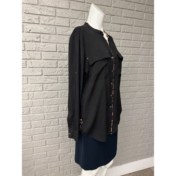 Calvin Klein Women Black with Animal Trim Roll Tab Button Front Button Shirt M - Picture 6 of 10